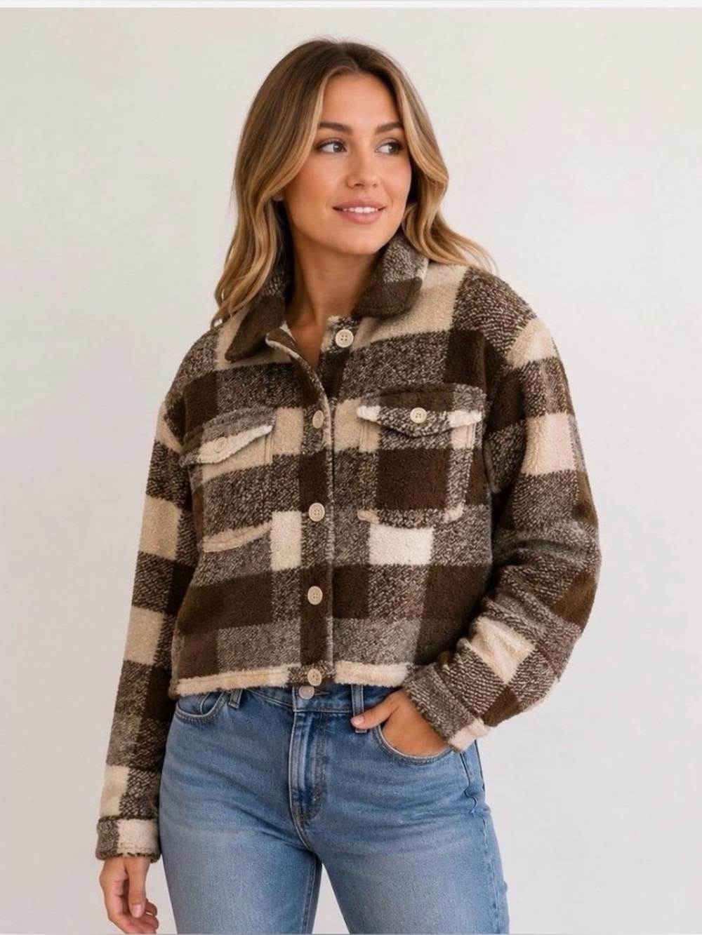 House of Harlow 1960 Brown Paid Cropped Shacket Jacket with Patch Pockets.